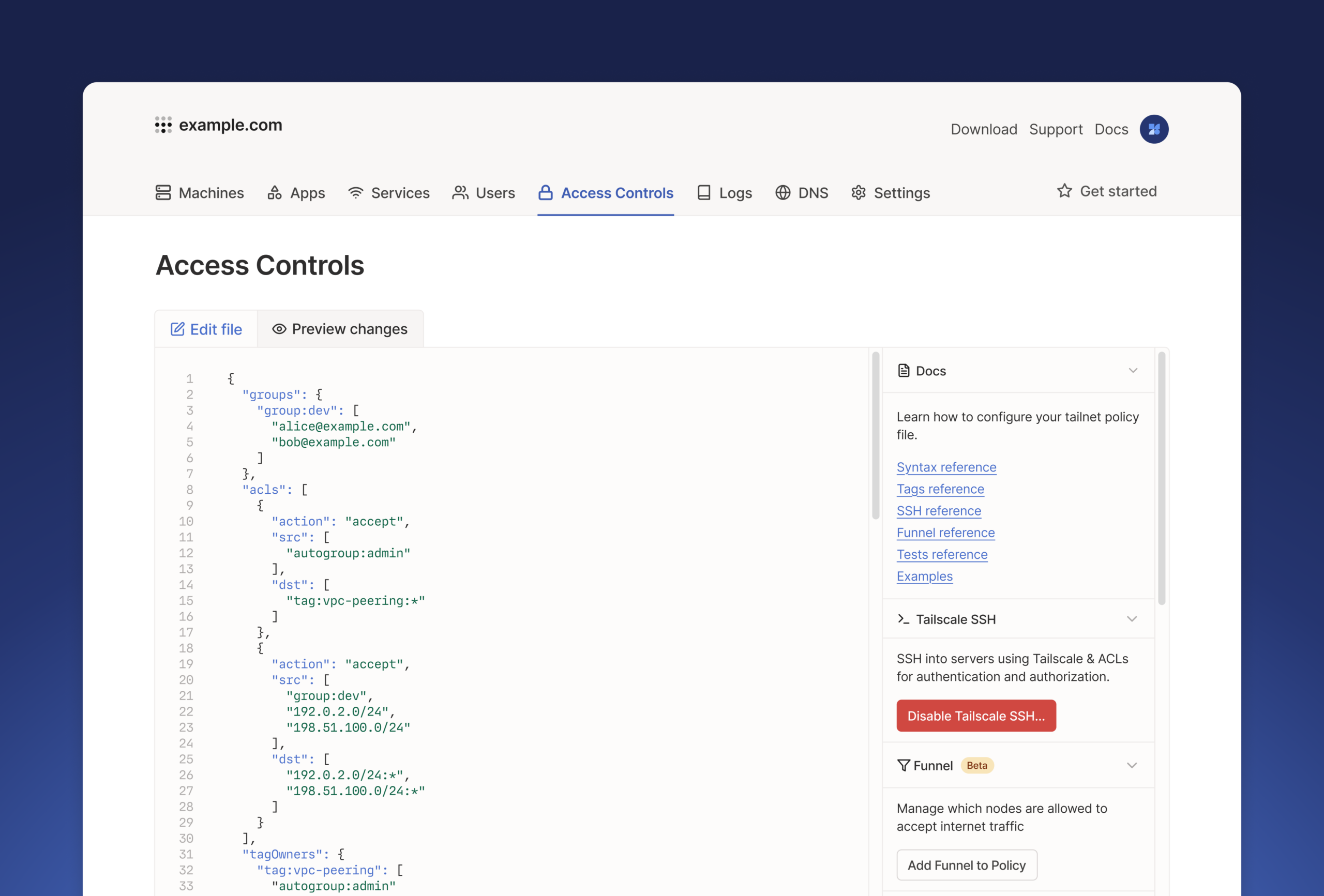 Console Tailscale - configuration des Access Controls (ACLs)