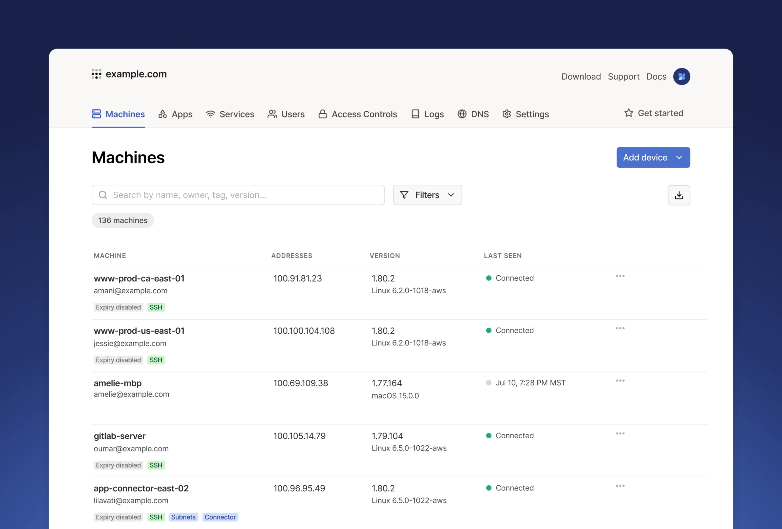 Console d'administration Tailscale - liste des machines connectées au tailnet
