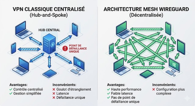 Comparaison VPN classique centralisé vs architecture mesh WireGuard