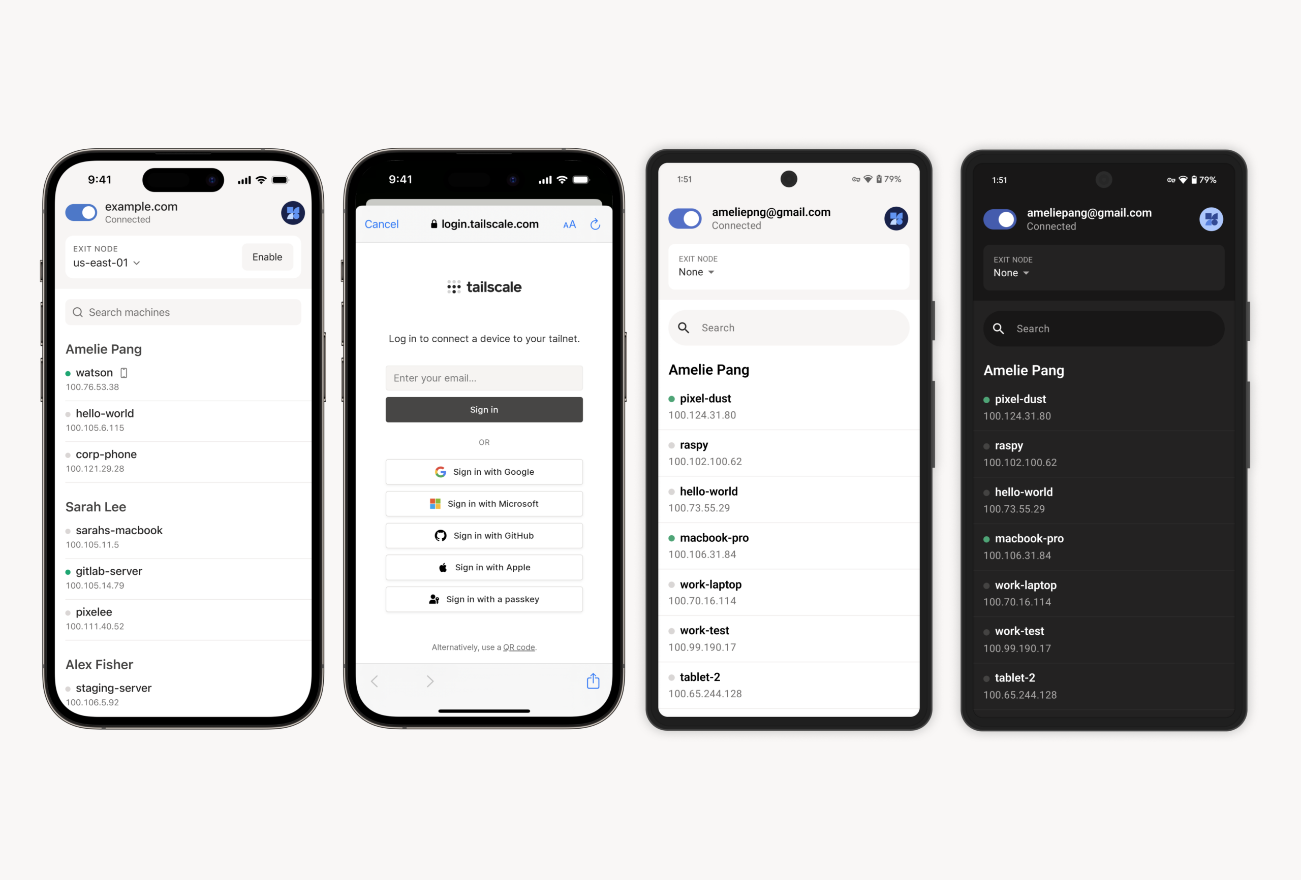 Application Tailscale sur iOS et Android - liste des machines du tailnet