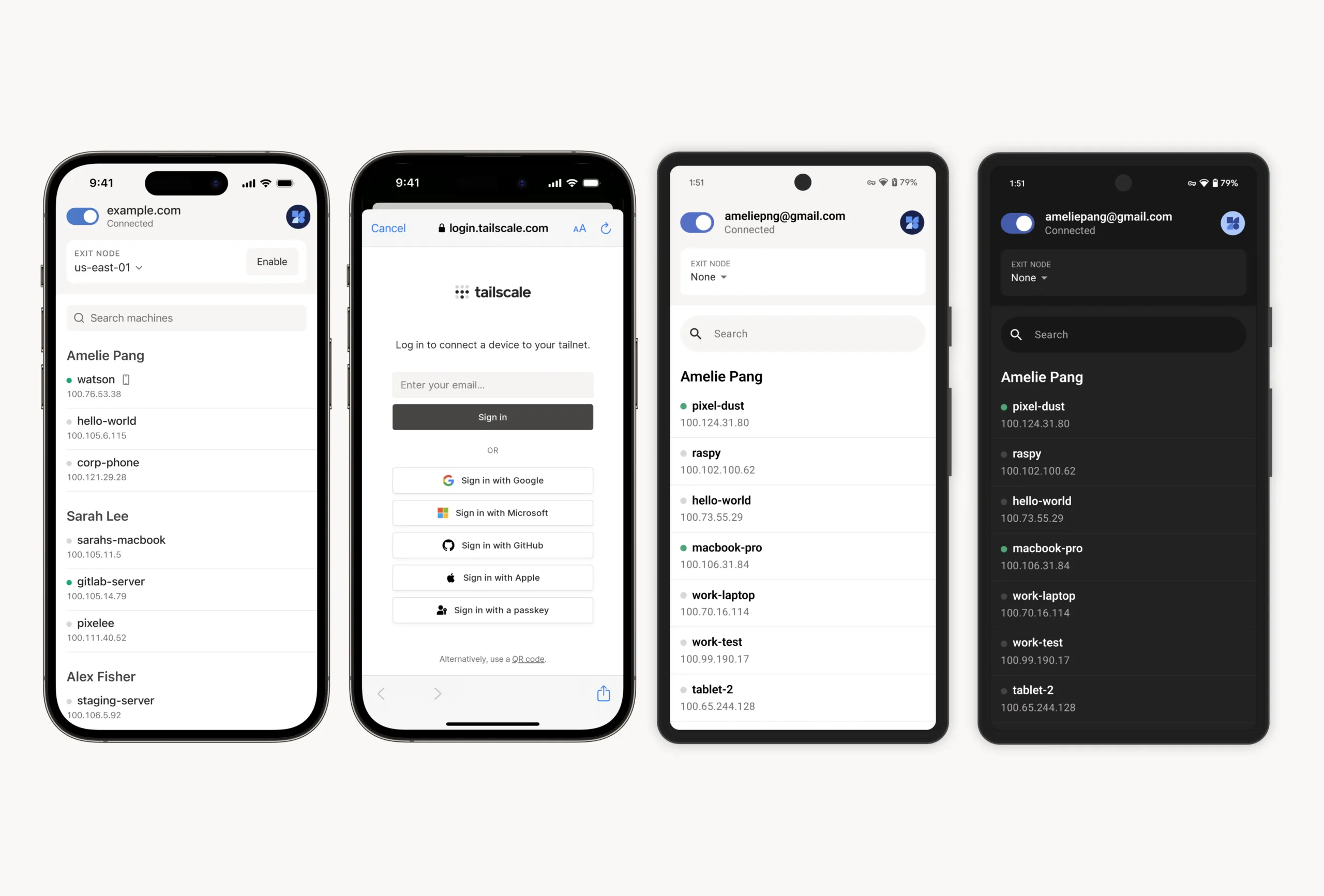 Application Tailscale sur iOS et Android - liste des machines du tailnet