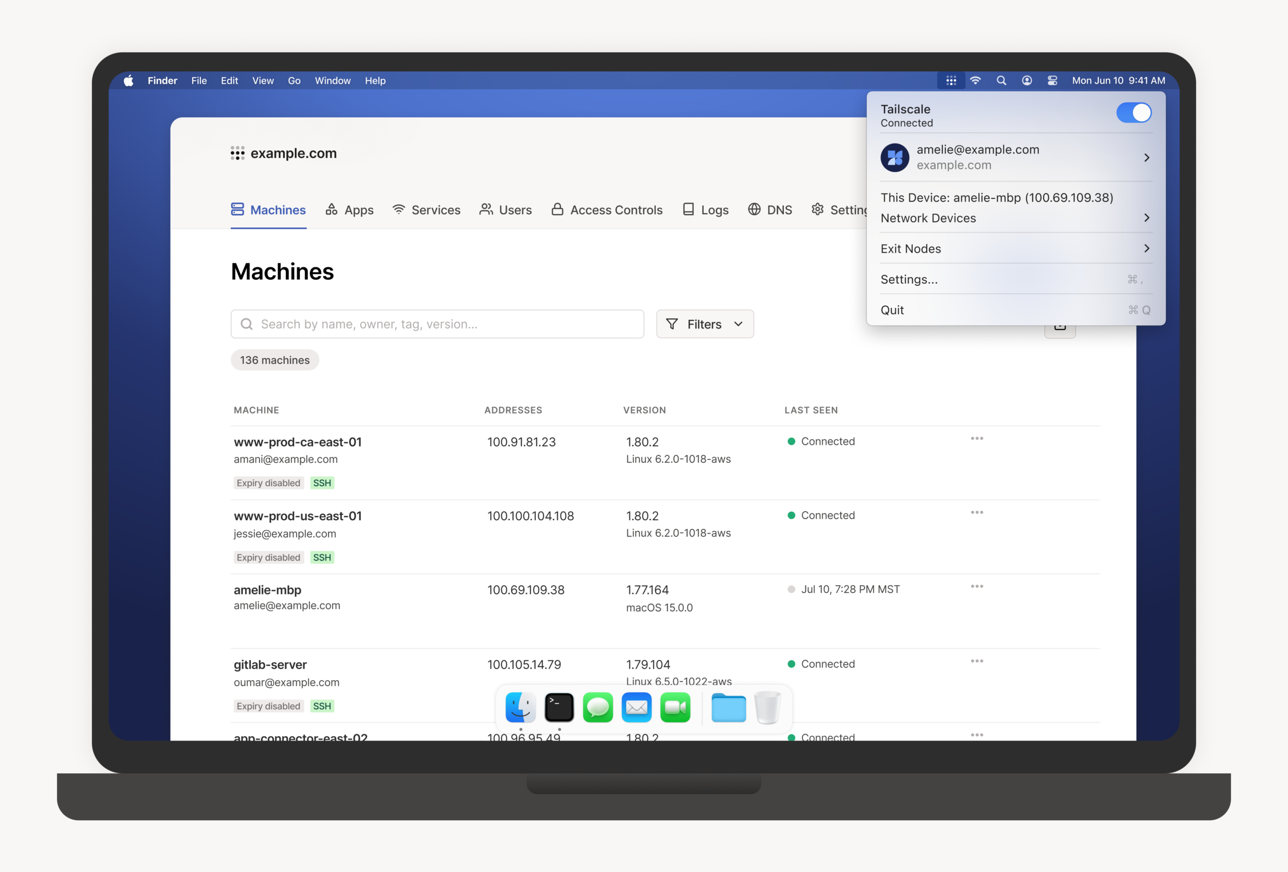 Application Tailscale sur macOS - menu bar avec la liste des machines connectées